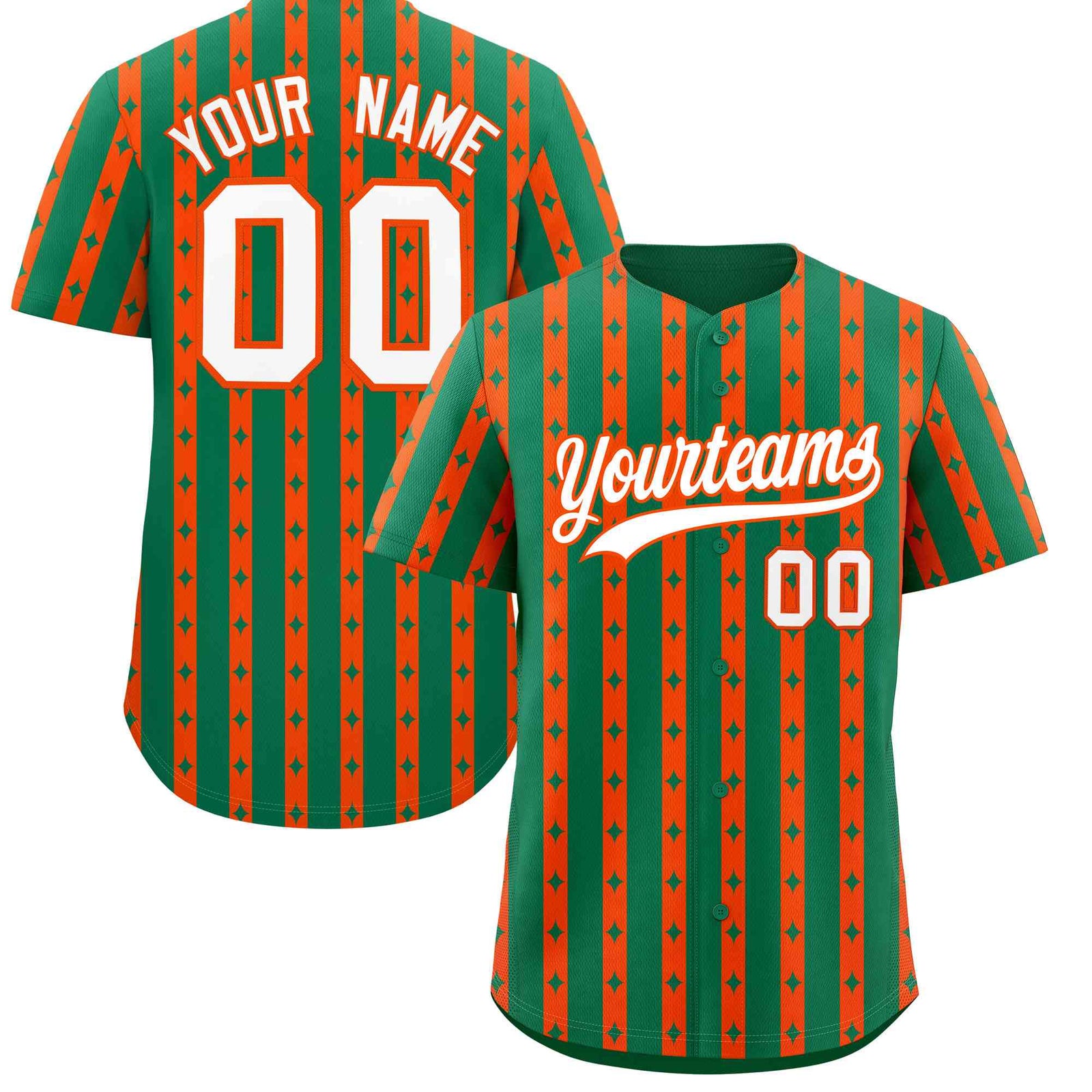 Custom Kelly Green Orange Star Pattern Thick Stripes Baseball Jersey