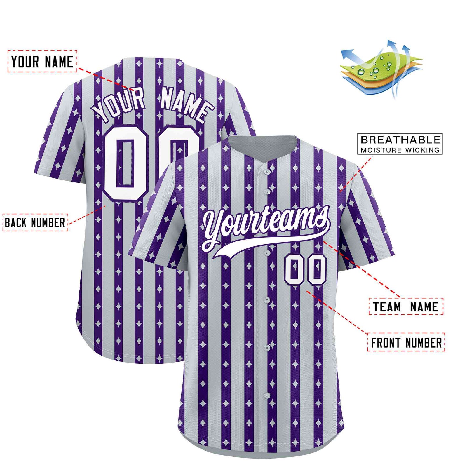 Custom Silver Purple Star Pattern Thick Stripes Baseball Jersey