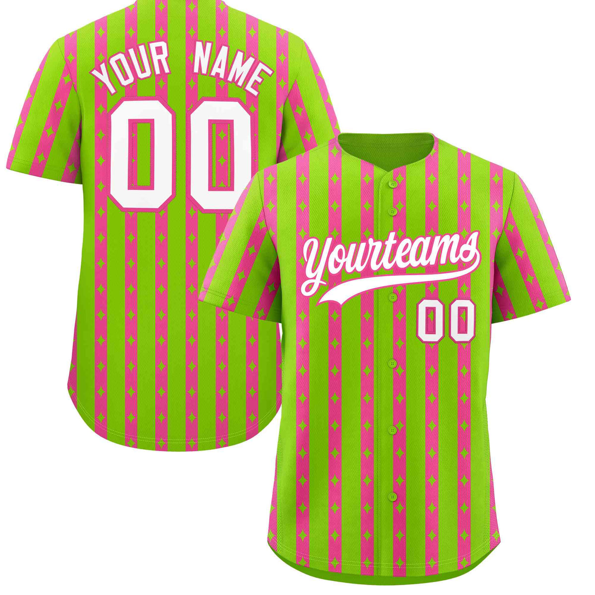 Custom Neon Green Pink Star Pattern Thick Stripes Baseball Jersey