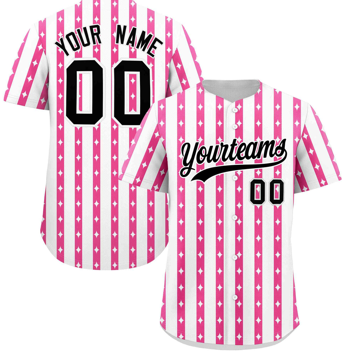 Custom White Pink Star Pattern Thick Stripes Baseball Jersey