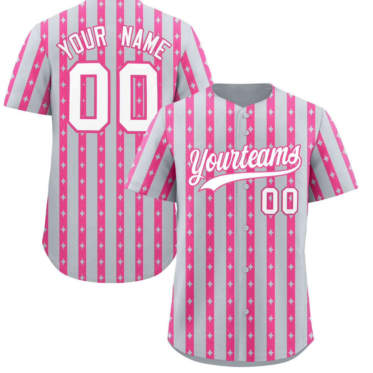 Custom Silver Pink Star Pattern Thick Stripes Baseball Jersey