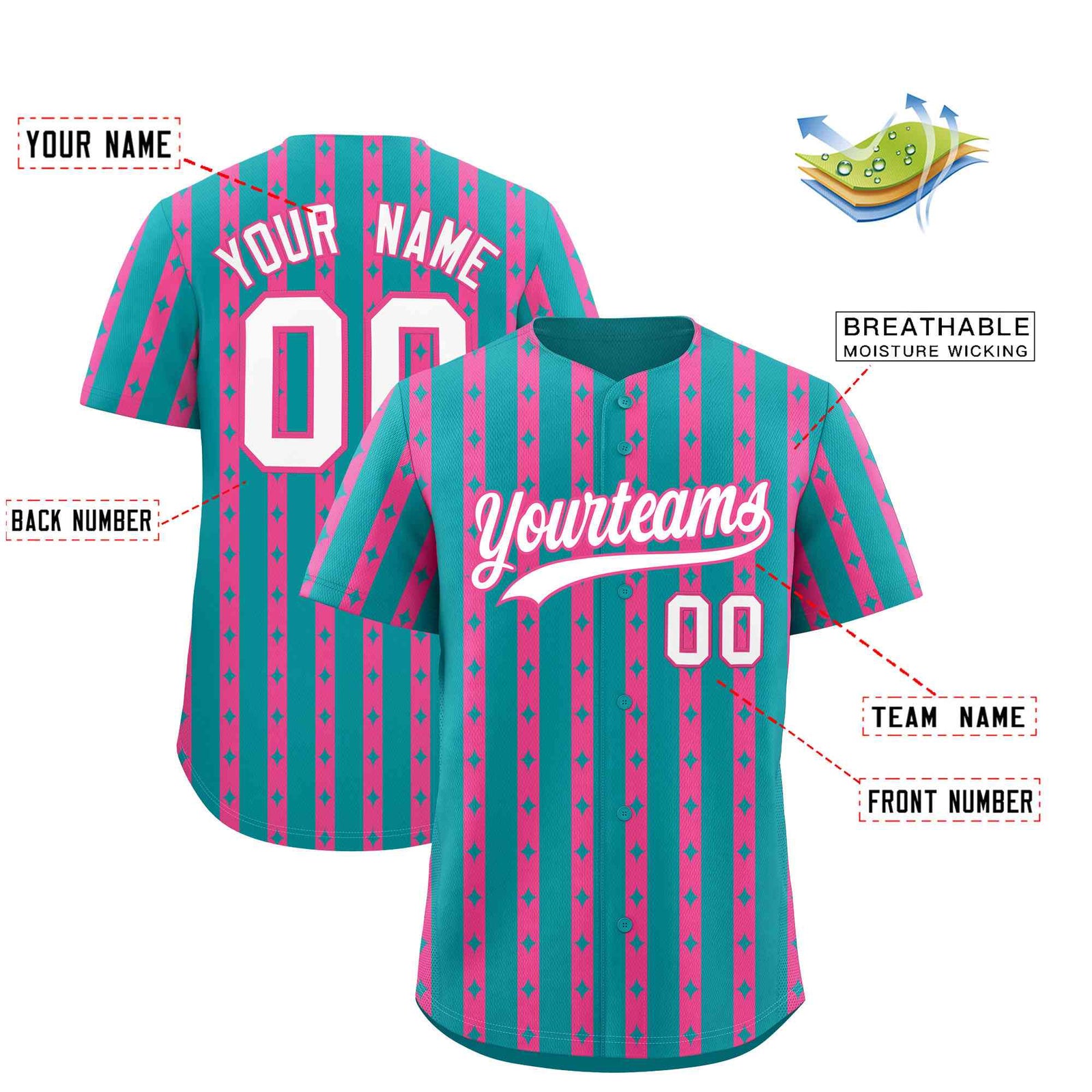 Custom Aqua Pink Star Pattern Thick Stripes Baseball Jersey