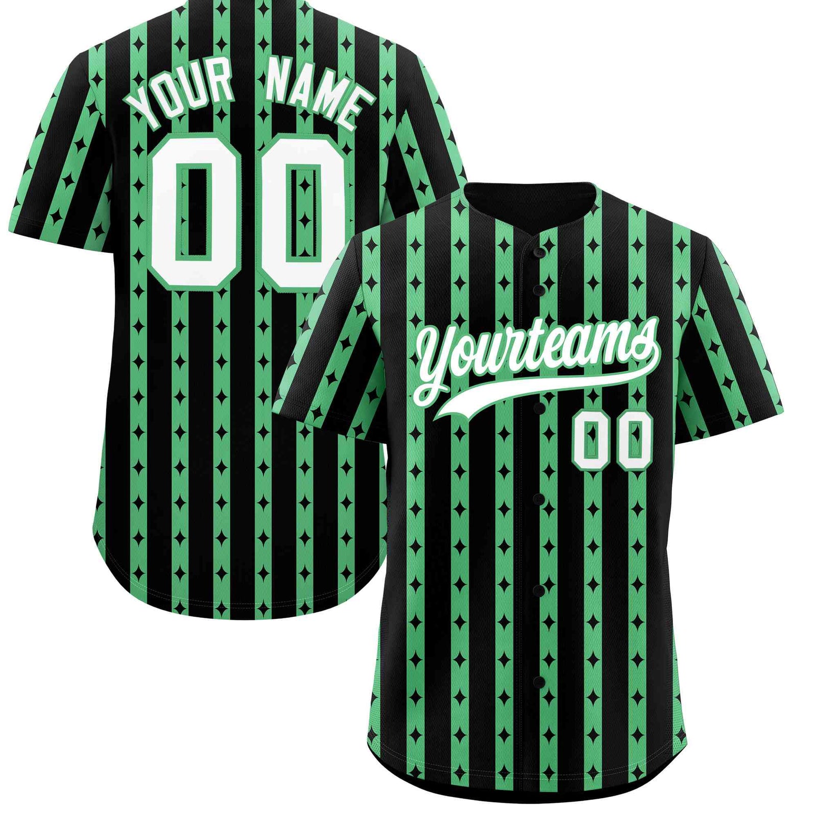 Custom Black Neon Green Star Pattern Thick Stripes Baseball Jersey