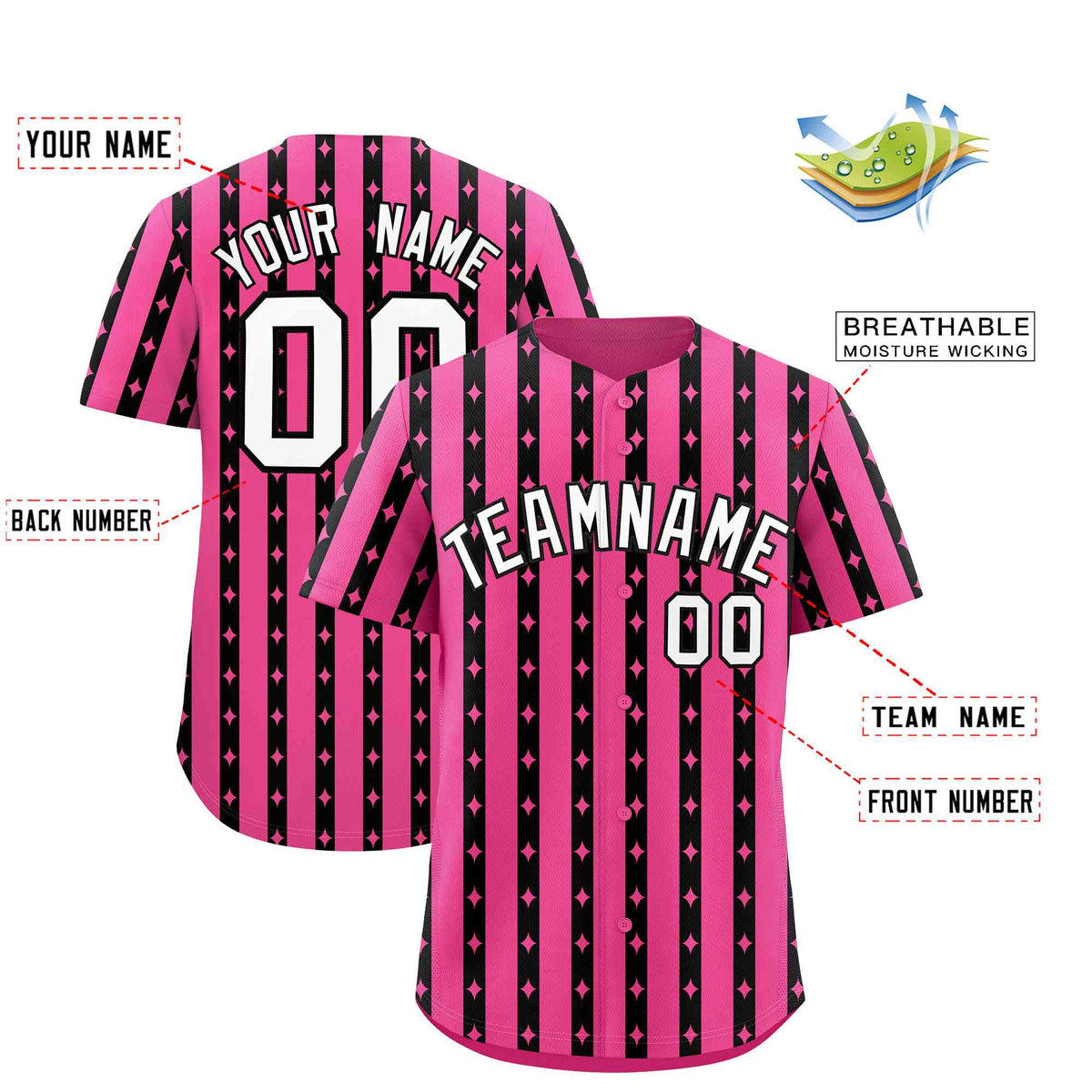 Custom Pink Black Star Pattern Thick Stripes Baseball Jersey