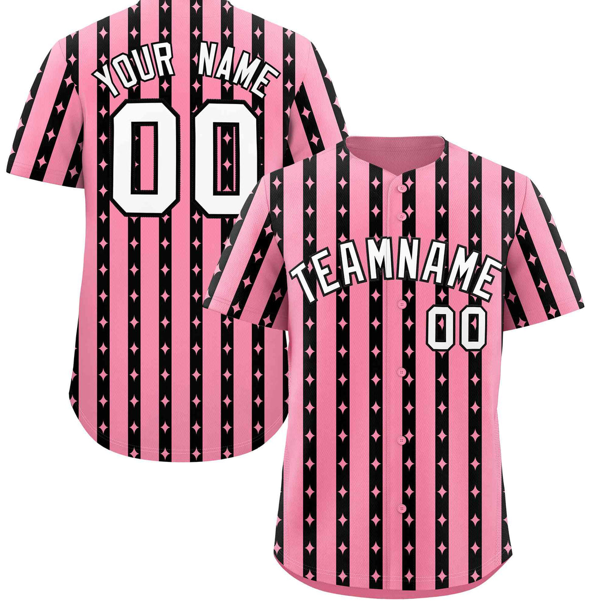 Custom Light Pink Black Star Pattern Thick Stripes Baseball Jersey