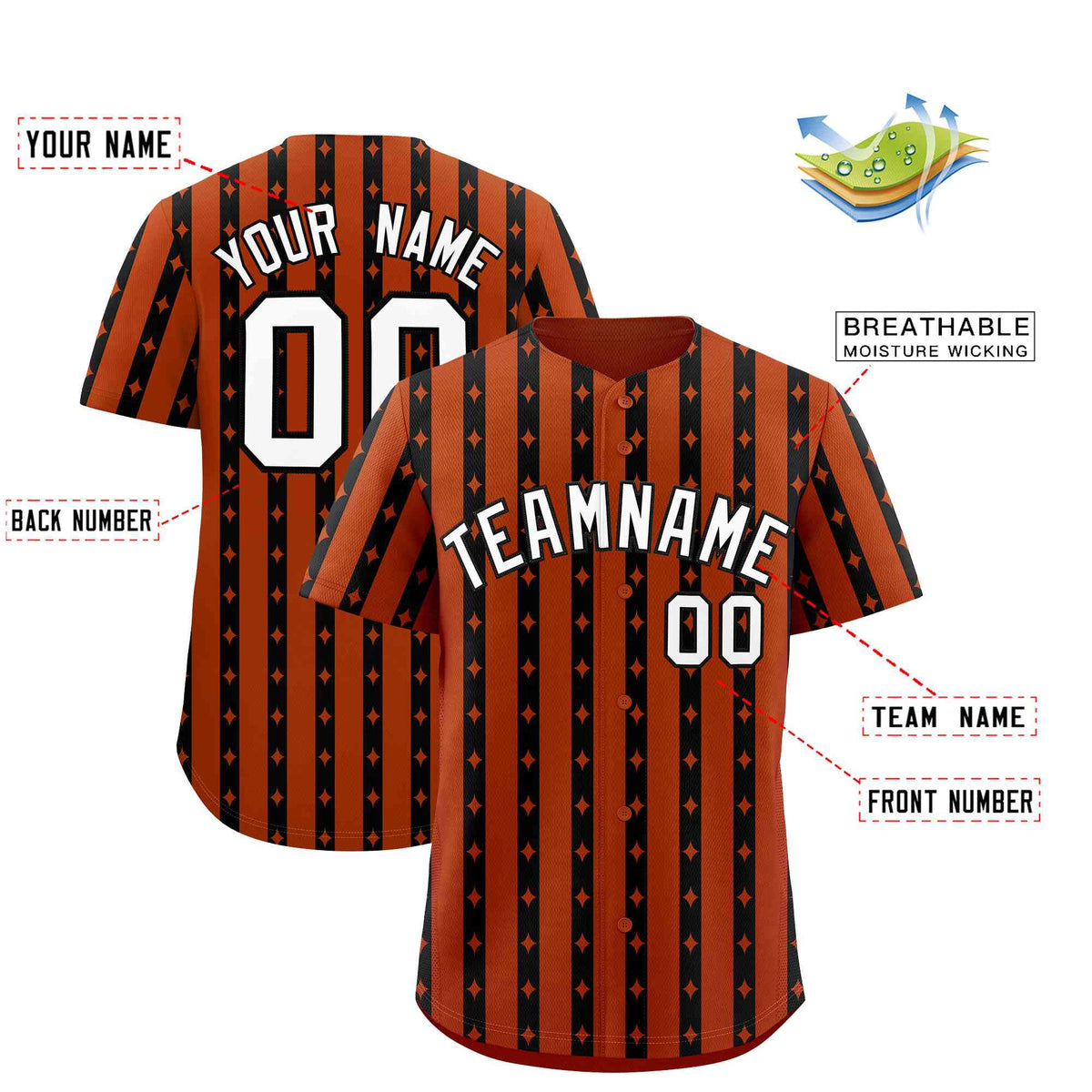 Custom Dark Orange Black Star Pattern Thick Stripes Baseball Jersey