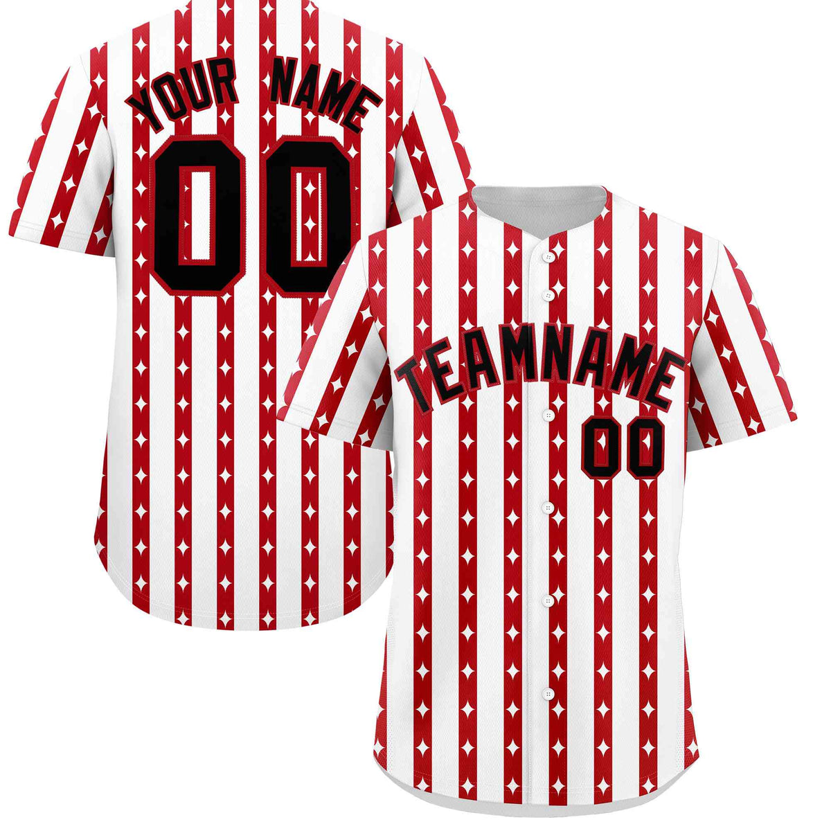 Custom White Red Star Pattern Thick Stripes Baseball Jersey