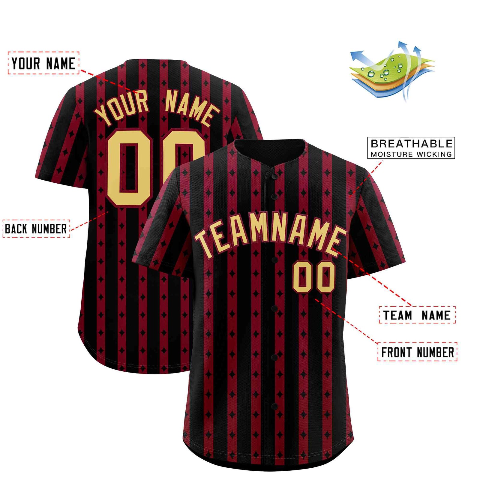 Custom Black Crimson Star Pattern Thick Stripes Baseball Jersey