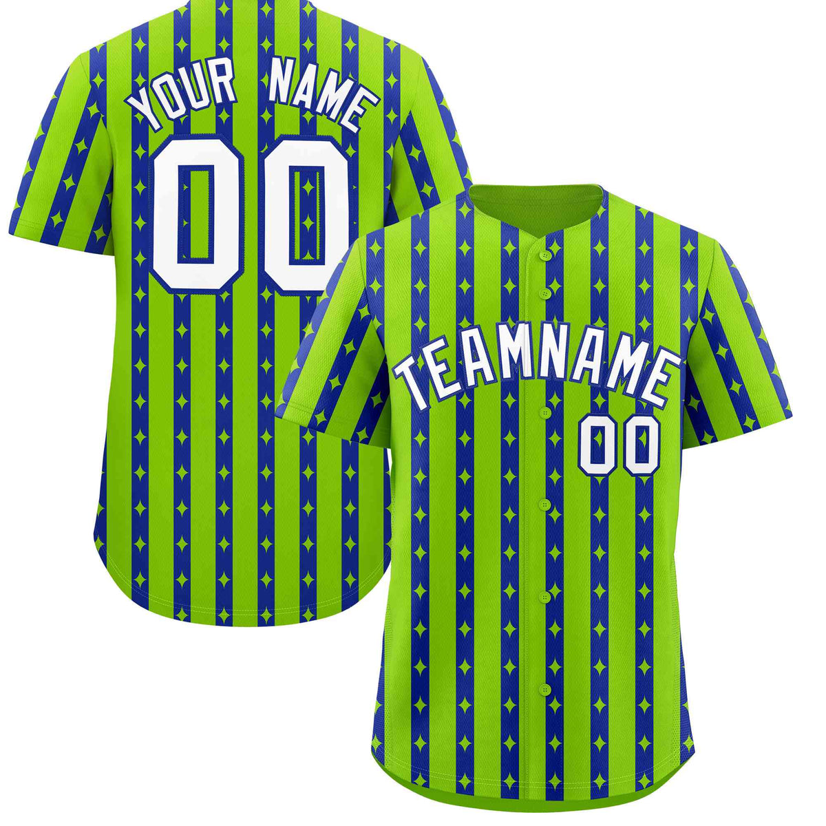 Custom Neon Green Royal Blue Star Pattern Thick Stripes Baseball Jersey