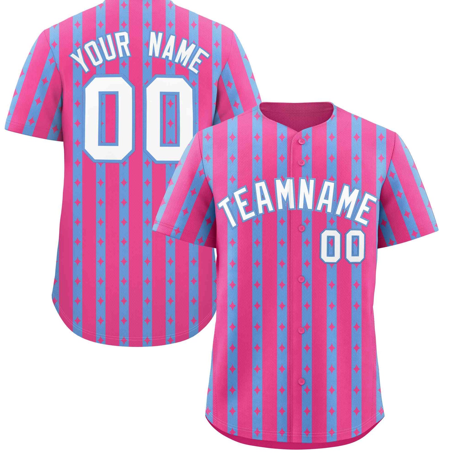 Custom Pink Light Blue Star Pattern Thick Stripes Baseball Jersey