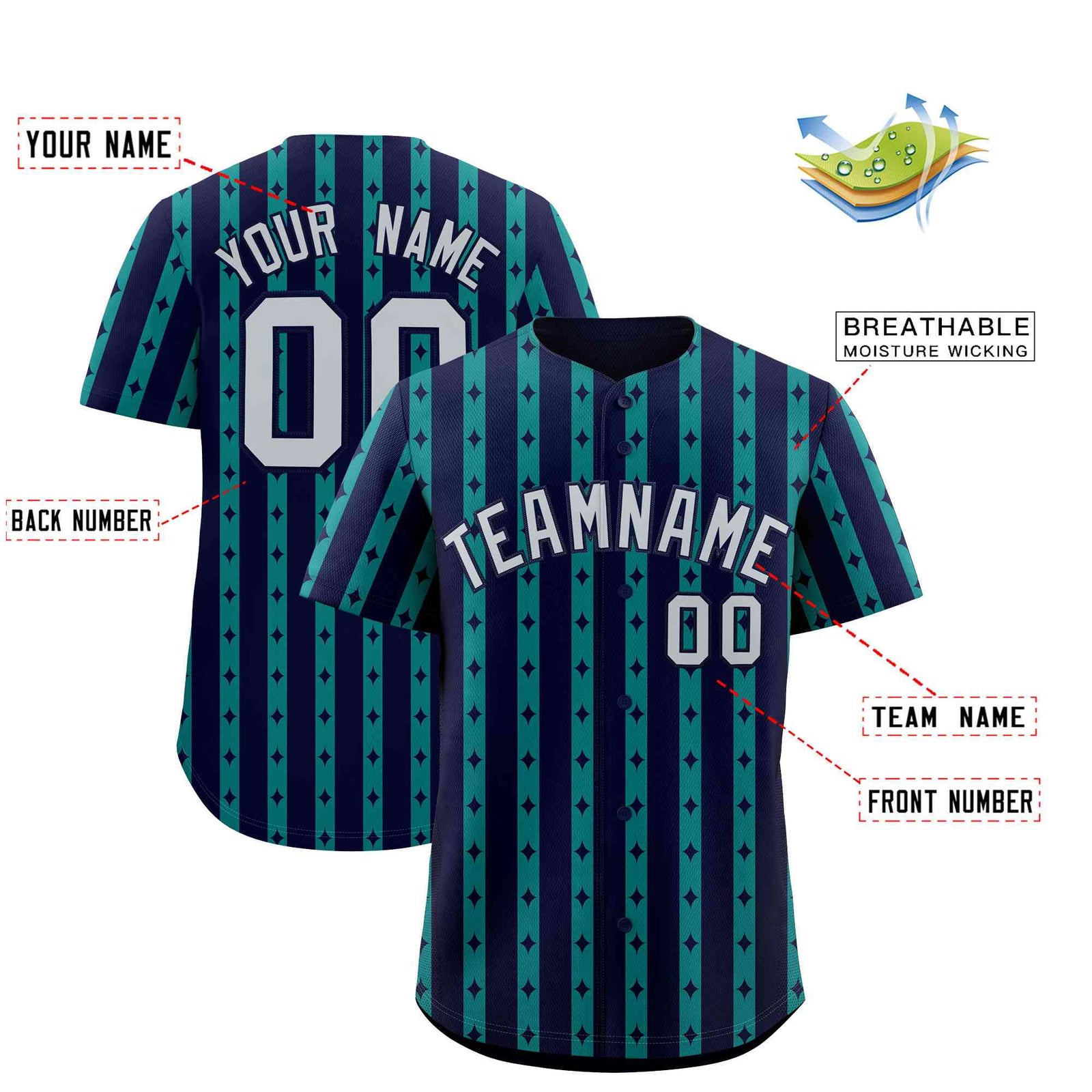 Custom Navy Teal Star Pattern Thick Stripes Baseball Jersey