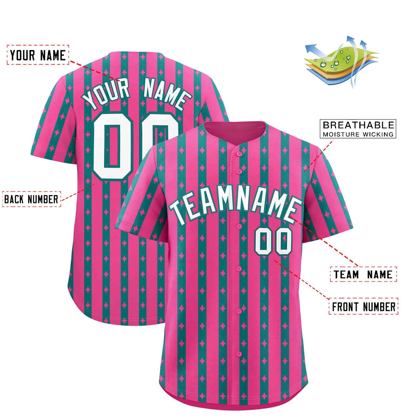 Custom Pink Teal Star Pattern Thick Stripes Baseball Jersey