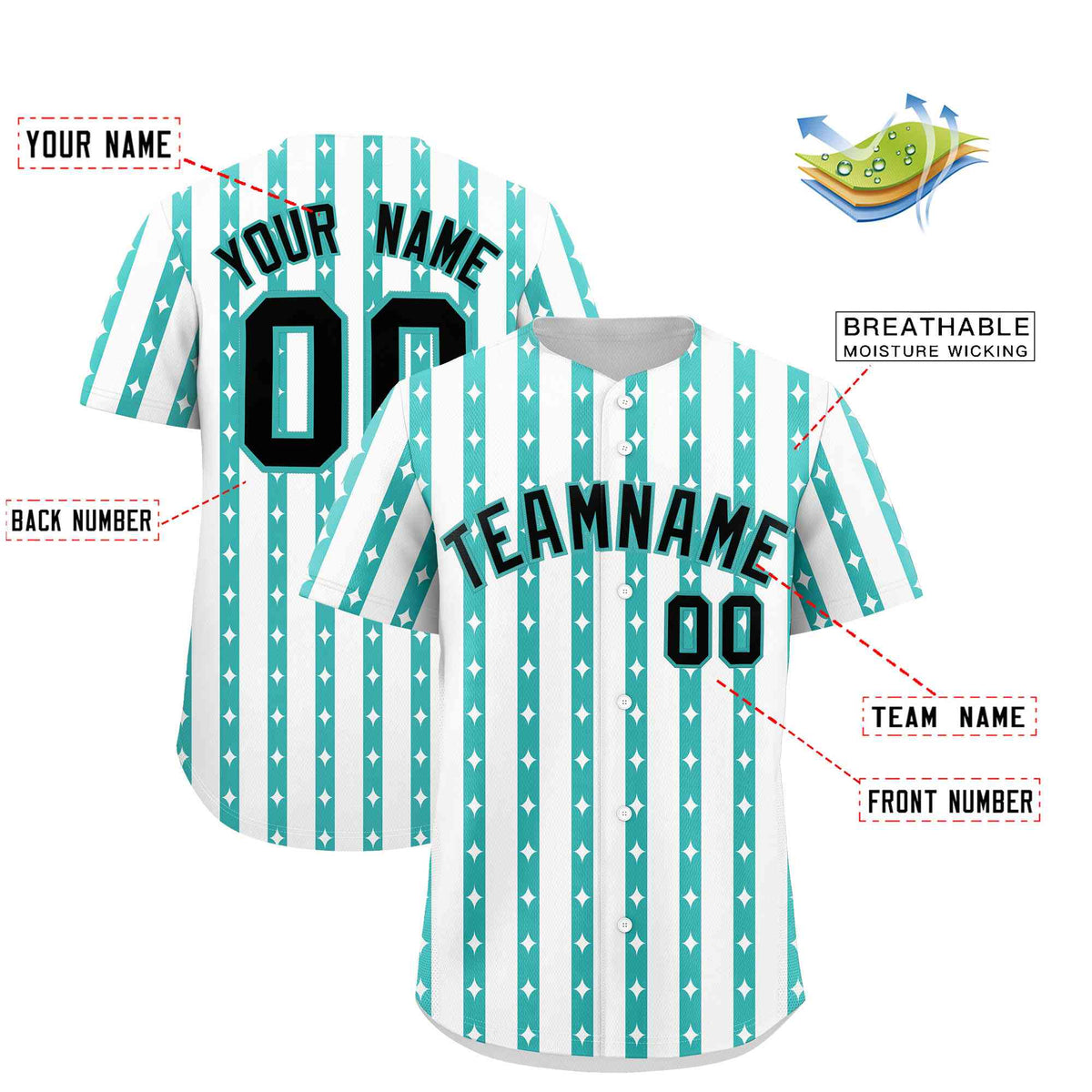 Custom White Teal Star Pattern Thick Stripes Baseball Jersey