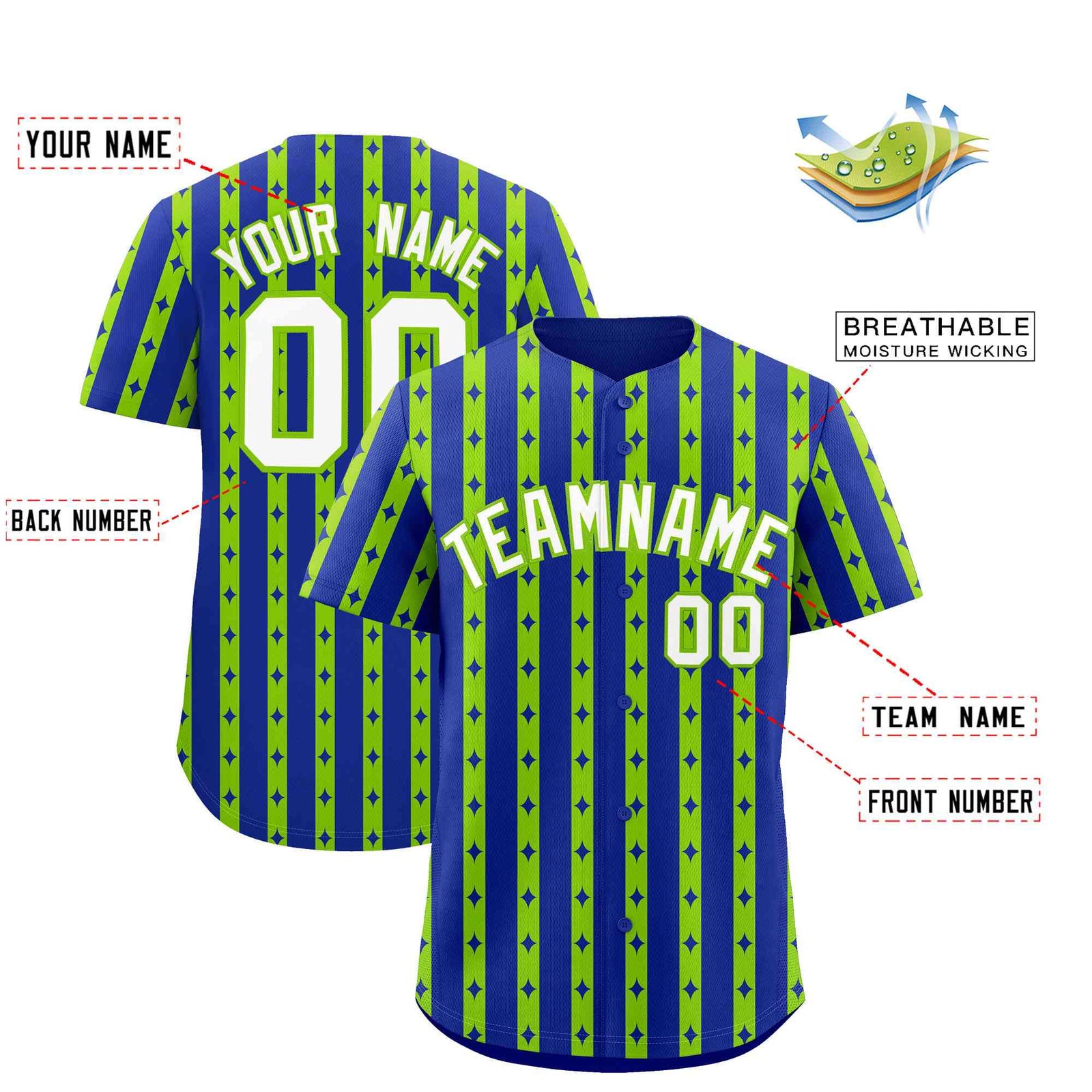 Custom Royal Blue Neon Green Star Pattern Thick Stripes Baseball Jersey