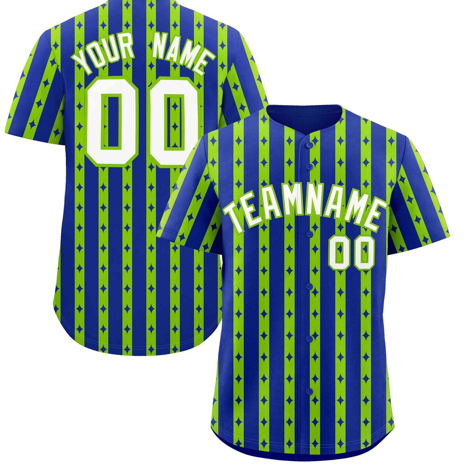 Custom Royal Blue Neon Green Star Pattern Thick Stripes Baseball Jersey