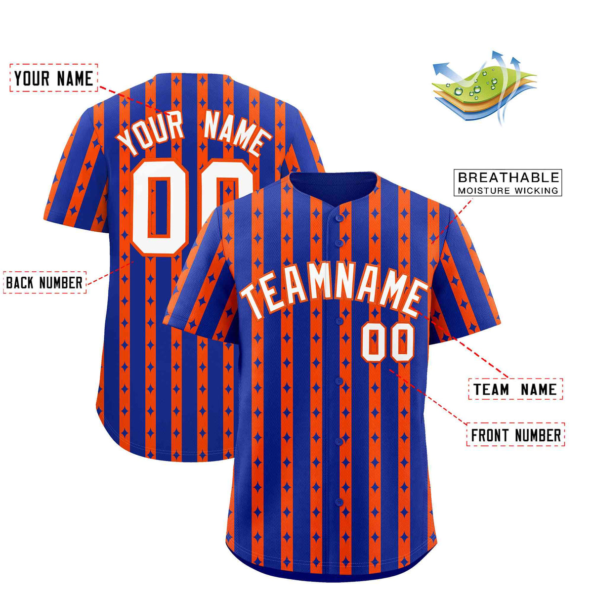 Custom Royal Blue Orange Star Pattern Thick Stripes Baseball Jersey