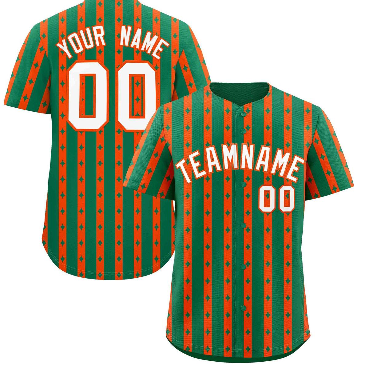 Custom Kelly Green Orange Star Pattern Thick Stripes Baseball Jersey