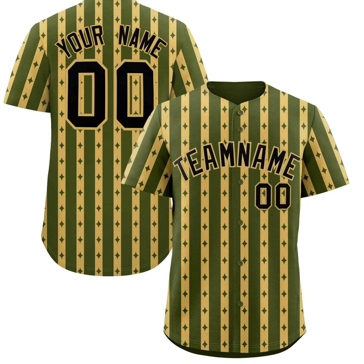 Custom Olive Old Gold Star Pattern Thick Stripes Baseball Jersey