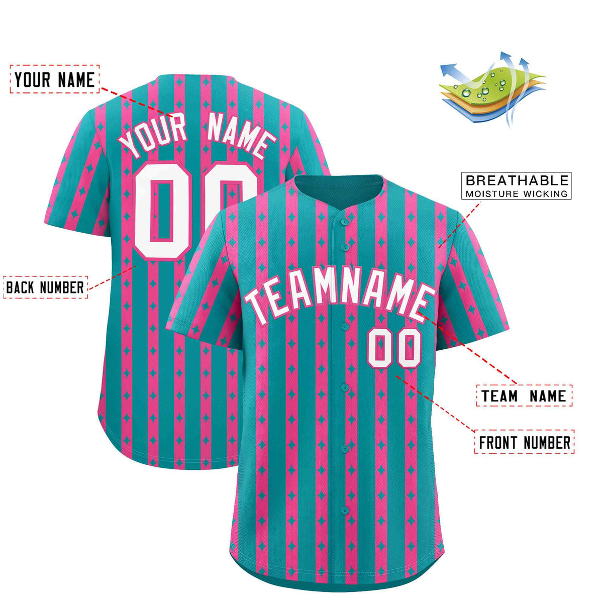 Custom Aqua Pink Star Pattern Thick Stripes Baseball Jersey