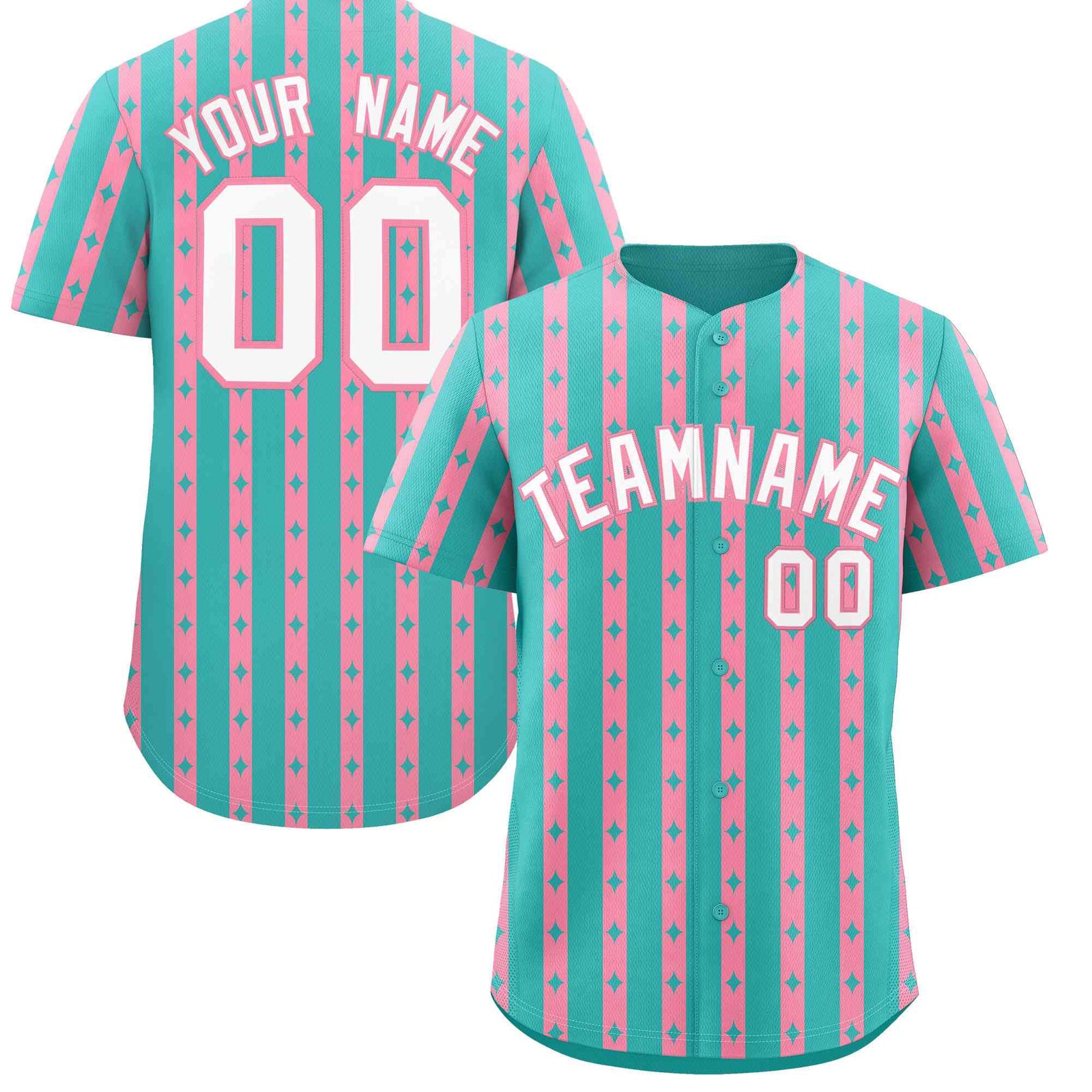 Custom Teal Light Pink Star Pattern Thick Stripes Baseball Jersey