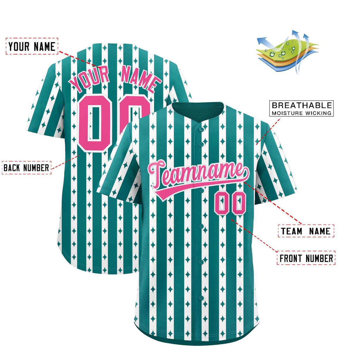 Custom Aqua White Star Pattern Thick Stripes Baseball Jersey| KXKSHOP