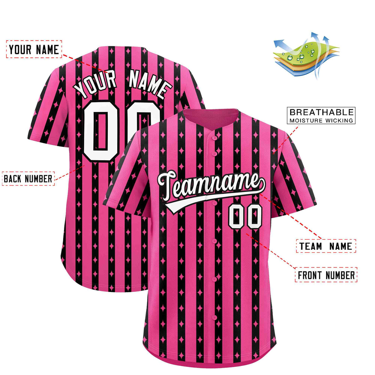 Custom Pink Black Star Pattern Thick Stripes Baseball Jersey| KXKSHOP