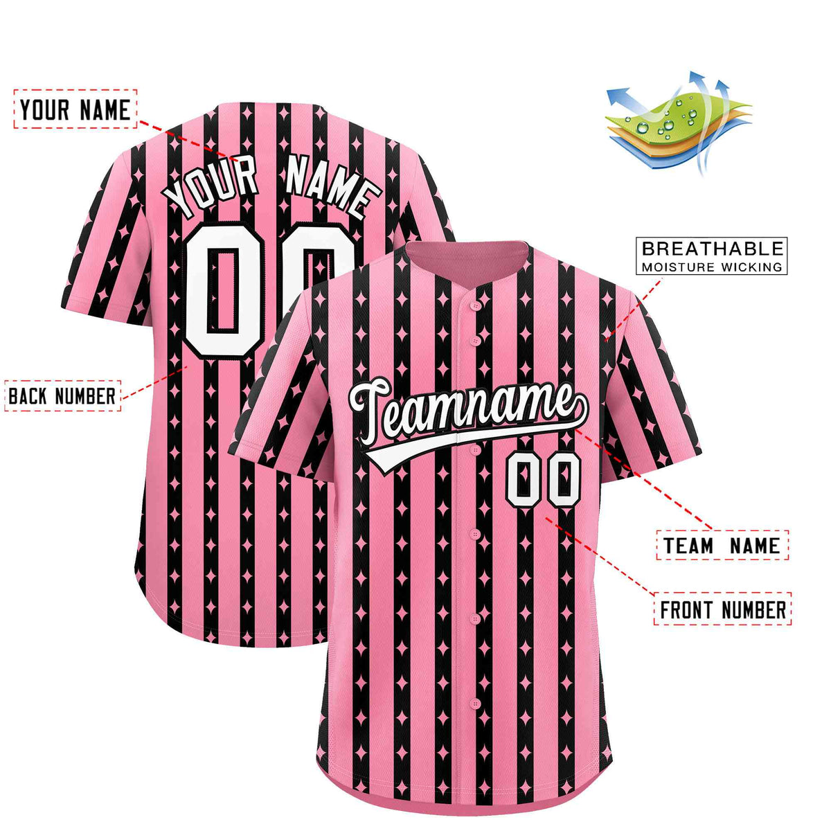 Custom Light Pink Black Star Pattern Thick Stripes Baseball Jersey| KXKSHOP