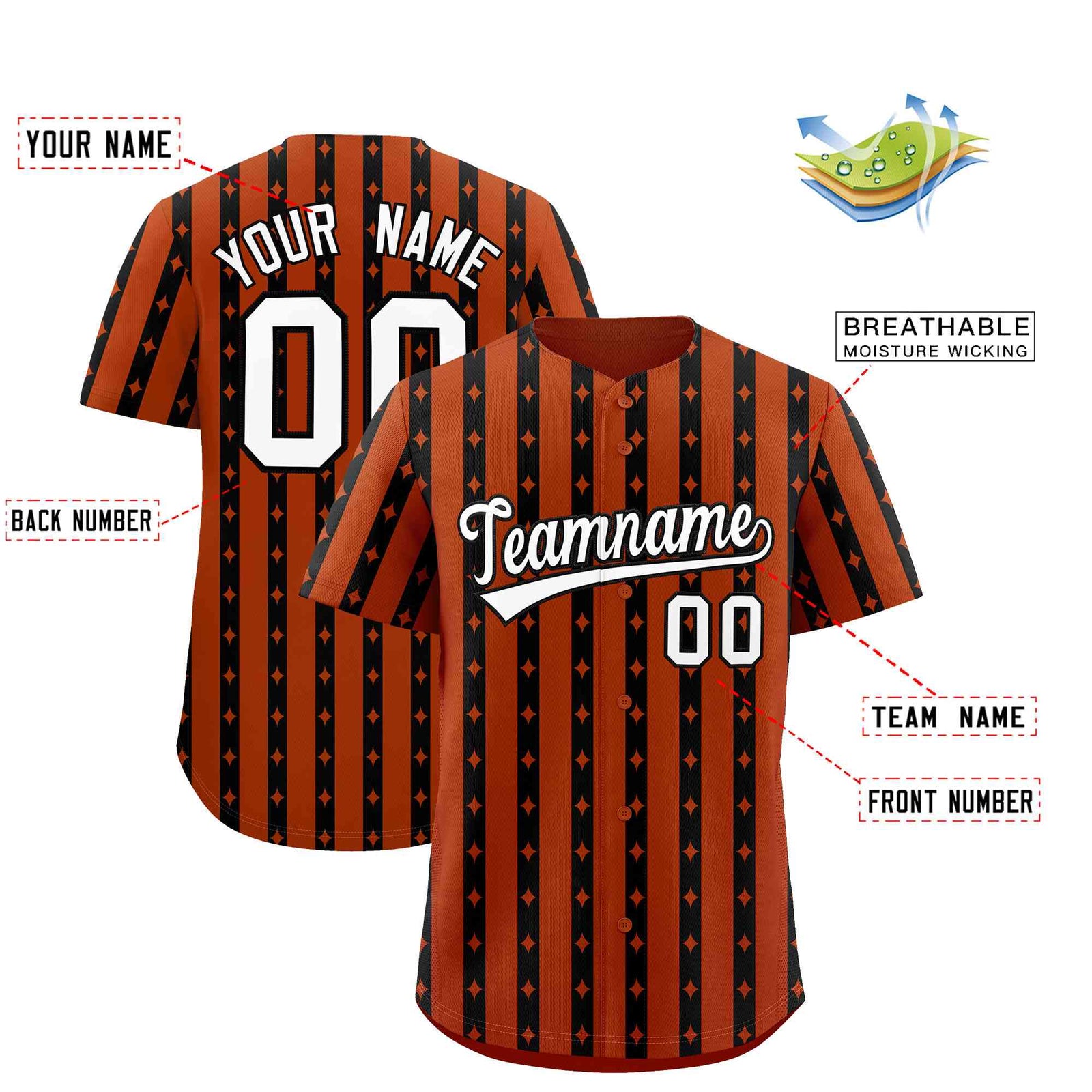 Custom Dark Orange Black Star Pattern Thick Stripes Baseball Jersey| KXKSHOP