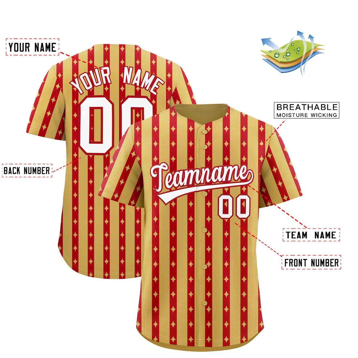 Custom Old Gold Red Star Pattern Thick Stripes Baseball Jersey| KXKSHOP