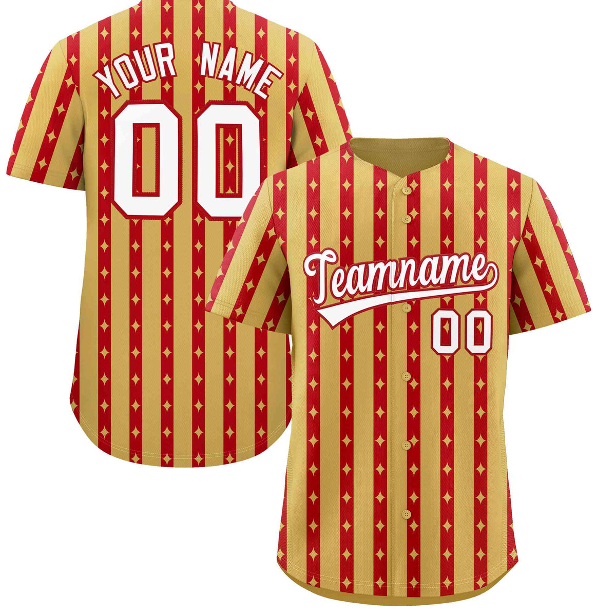 Custom Old Gold Red Star Pattern Thick Stripes Baseball Jersey| KXKSHOP