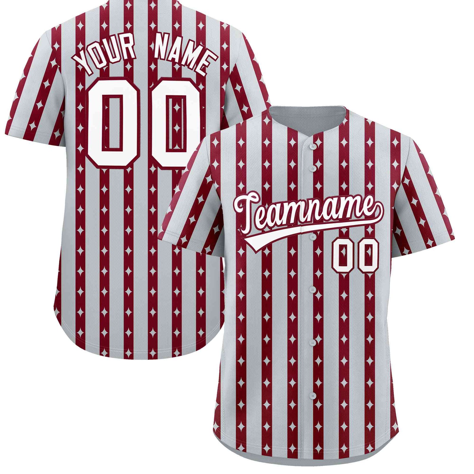 Custom Silver Crimson Star Pattern Thick Stripes Baseball Jersey| KXKSHOP