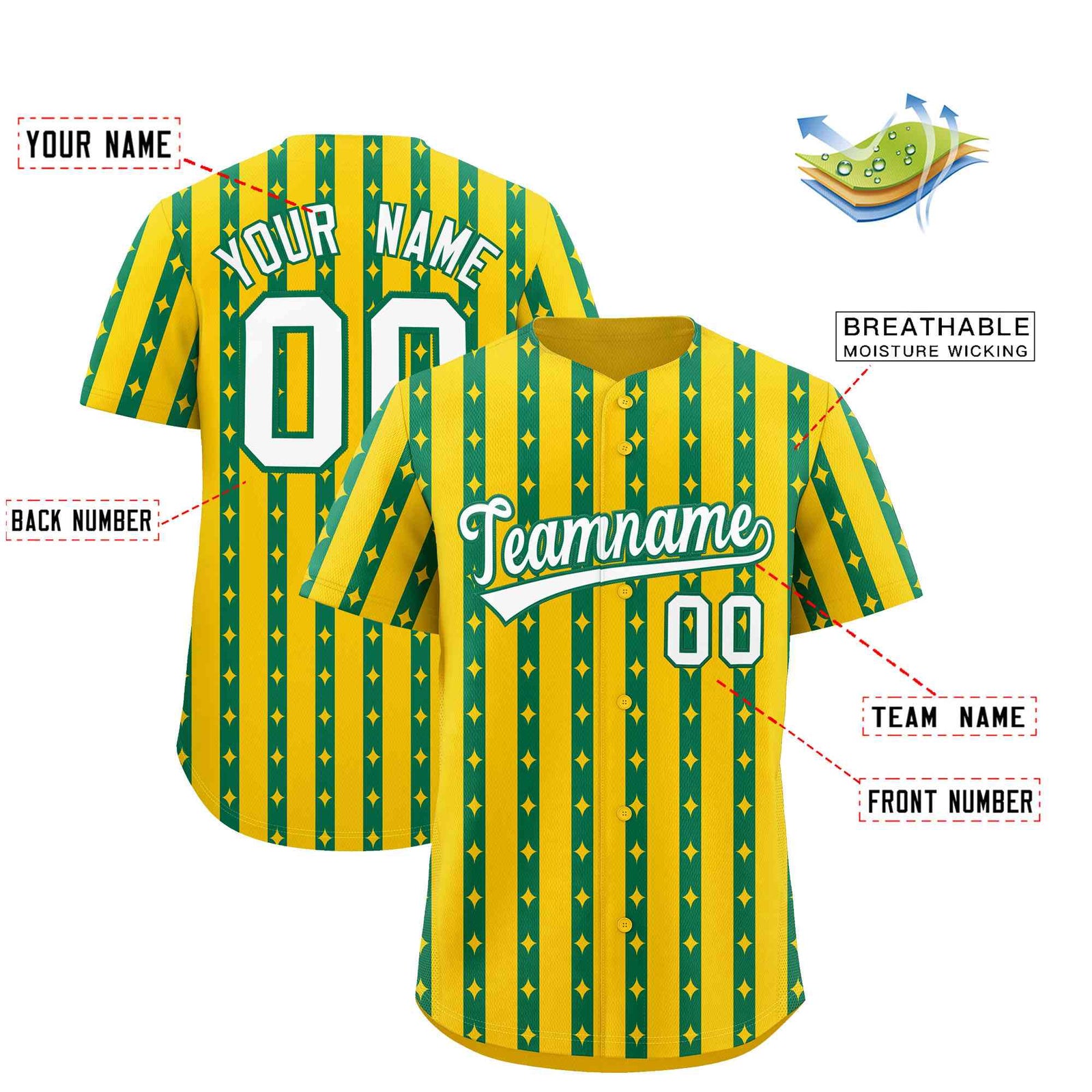 Custom Gold Kelly Green Star Pattern Thick Stripes Baseball Jersey| KXKSHOP