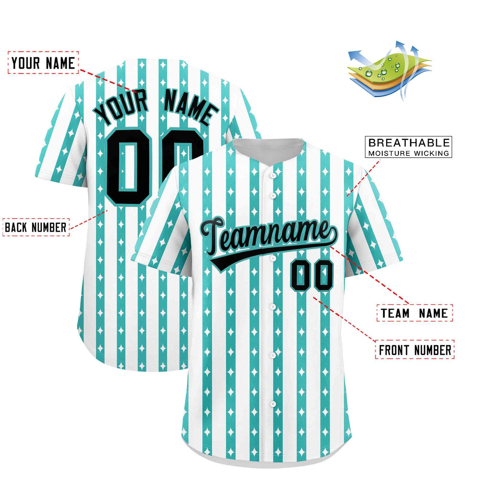 Custom White Teal Star Pattern Thick Stripes Baseball Jersey| KXKSHOP