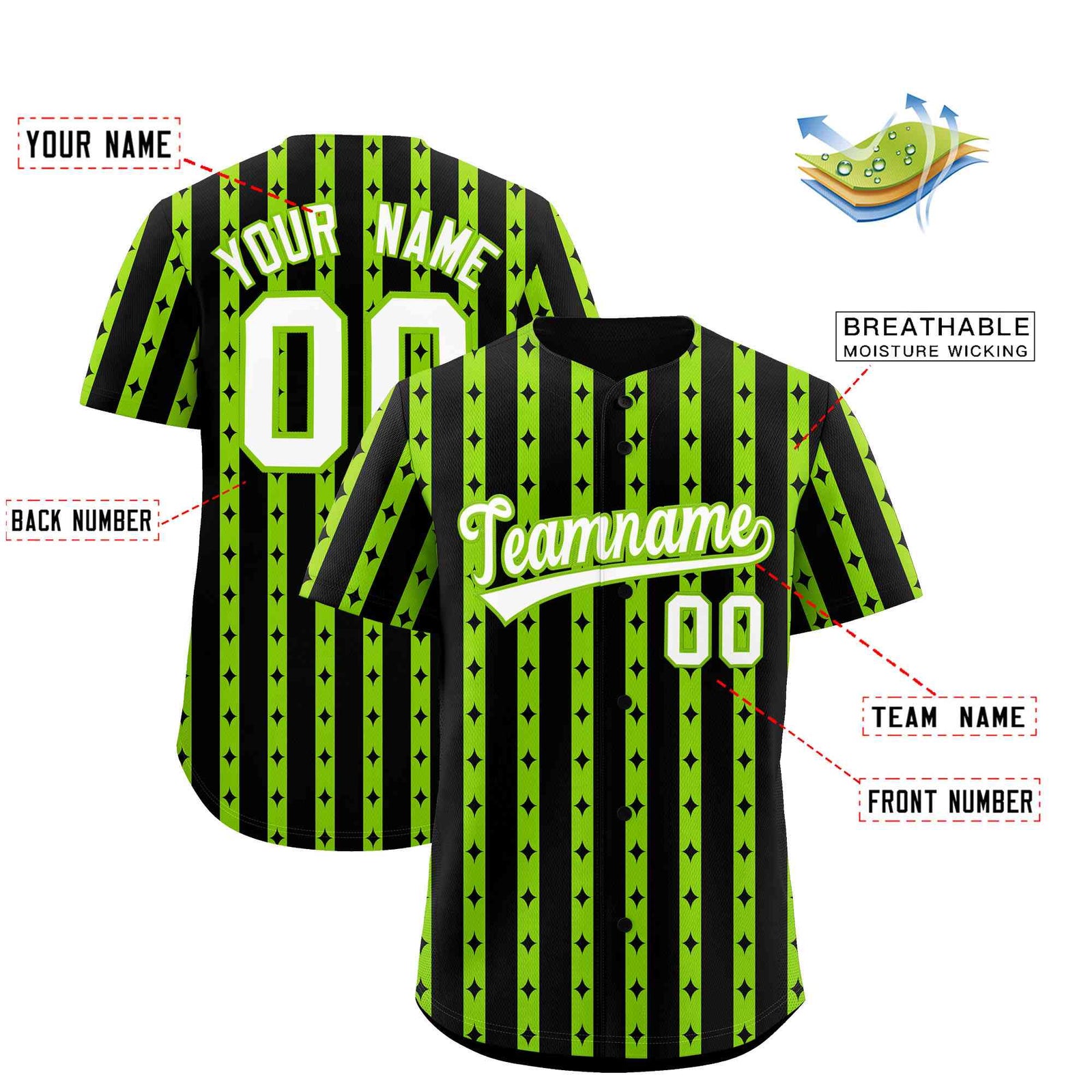 Custom Black Neon Green Star Pattern Thick Stripes Baseball Jersey| KXKSHOP