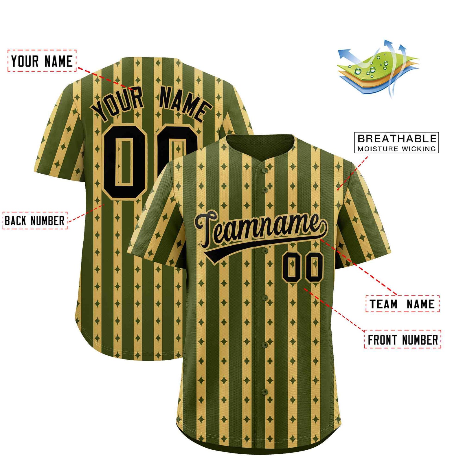 Custom Olive Old Gold Star Pattern Thick Stripes Baseball Jersey| KXKSHOP