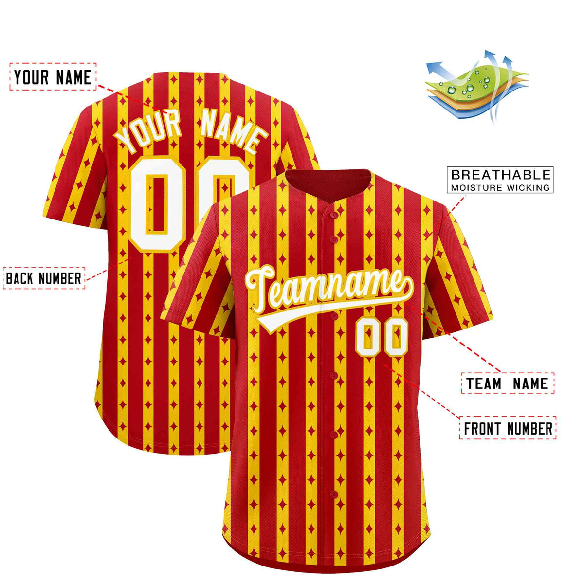 Custom Red Gold Star Pattern Thick Stripes Baseball Jersey| KXKSHOP