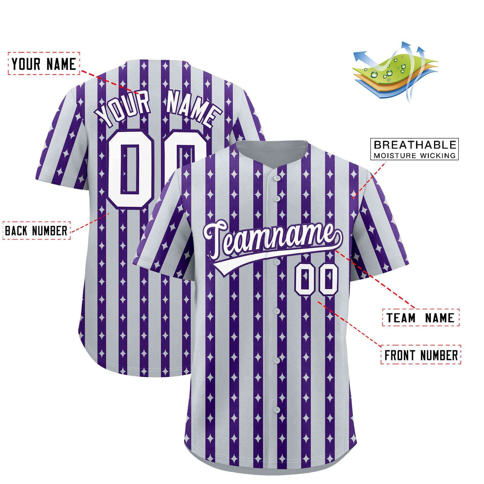 Custom Silver Purple Star Pattern Thick Stripes Baseball Jersey| KXKSHOP