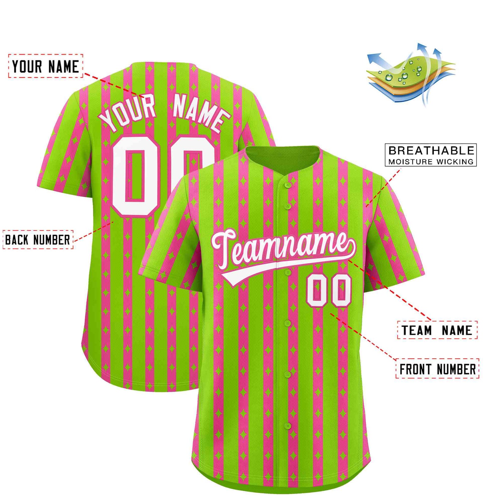 Custom Neon Green Pink Star Pattern Thick Stripes Baseball Jersey| KXKSHOP
