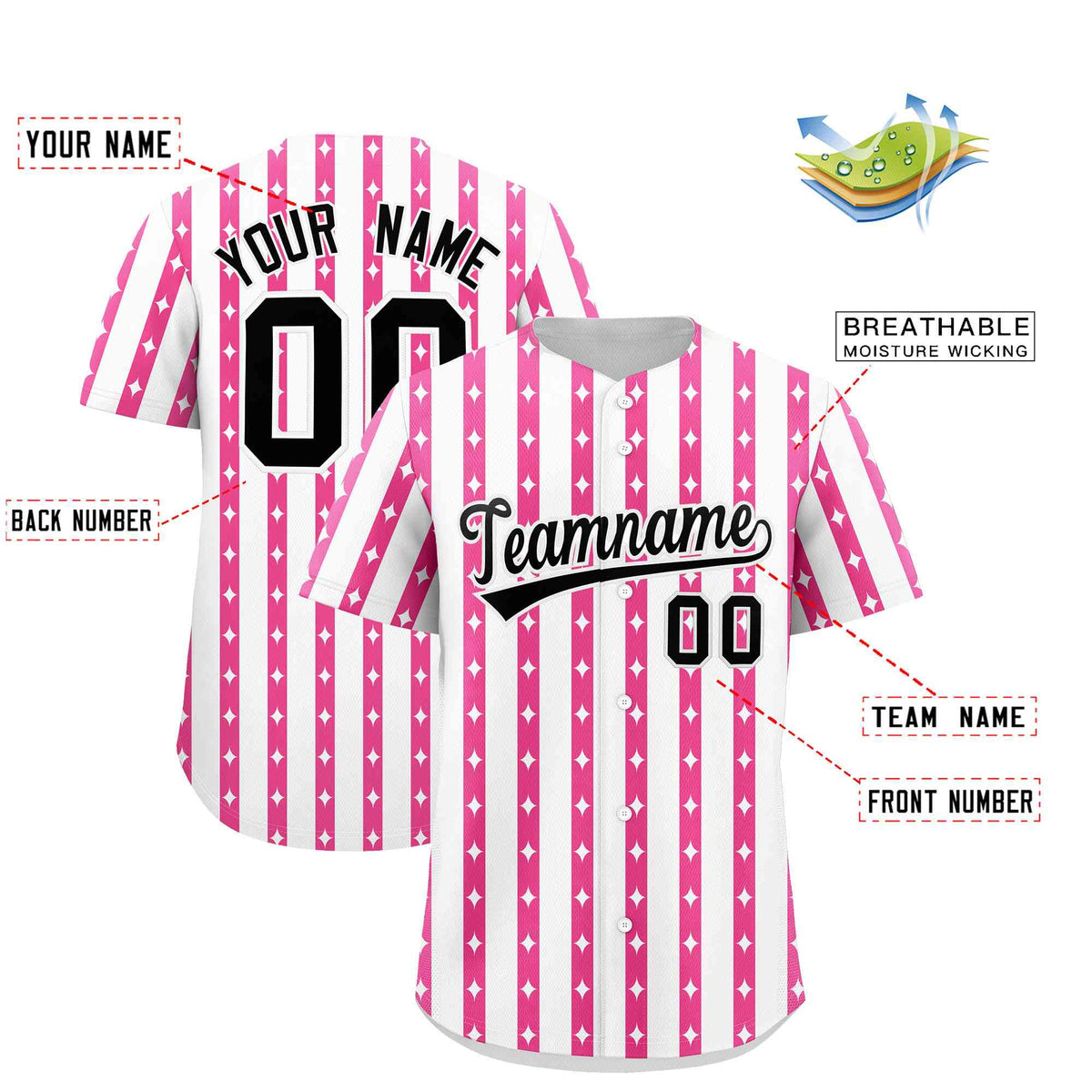 Custom White Pink Star Pattern Thick Stripes Baseball Jersey| KXKSHOP