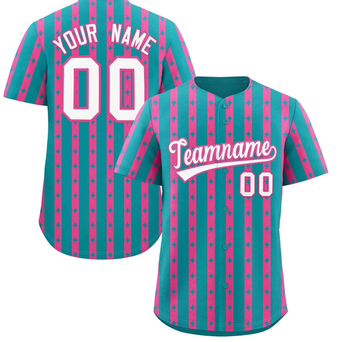 Custom Aqua Pink Star Pattern Thick Stripes Baseball Jersey| KXKSHOP