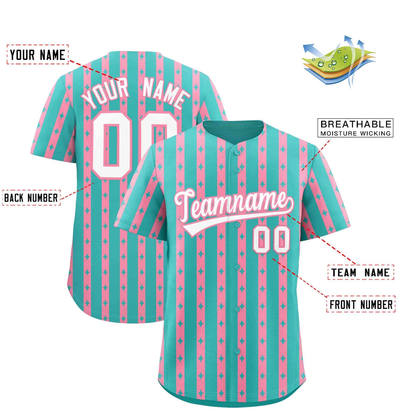 Custom Teal Light Pink Star Pattern Thick Stripes Baseball Jersey| KXKSHOP