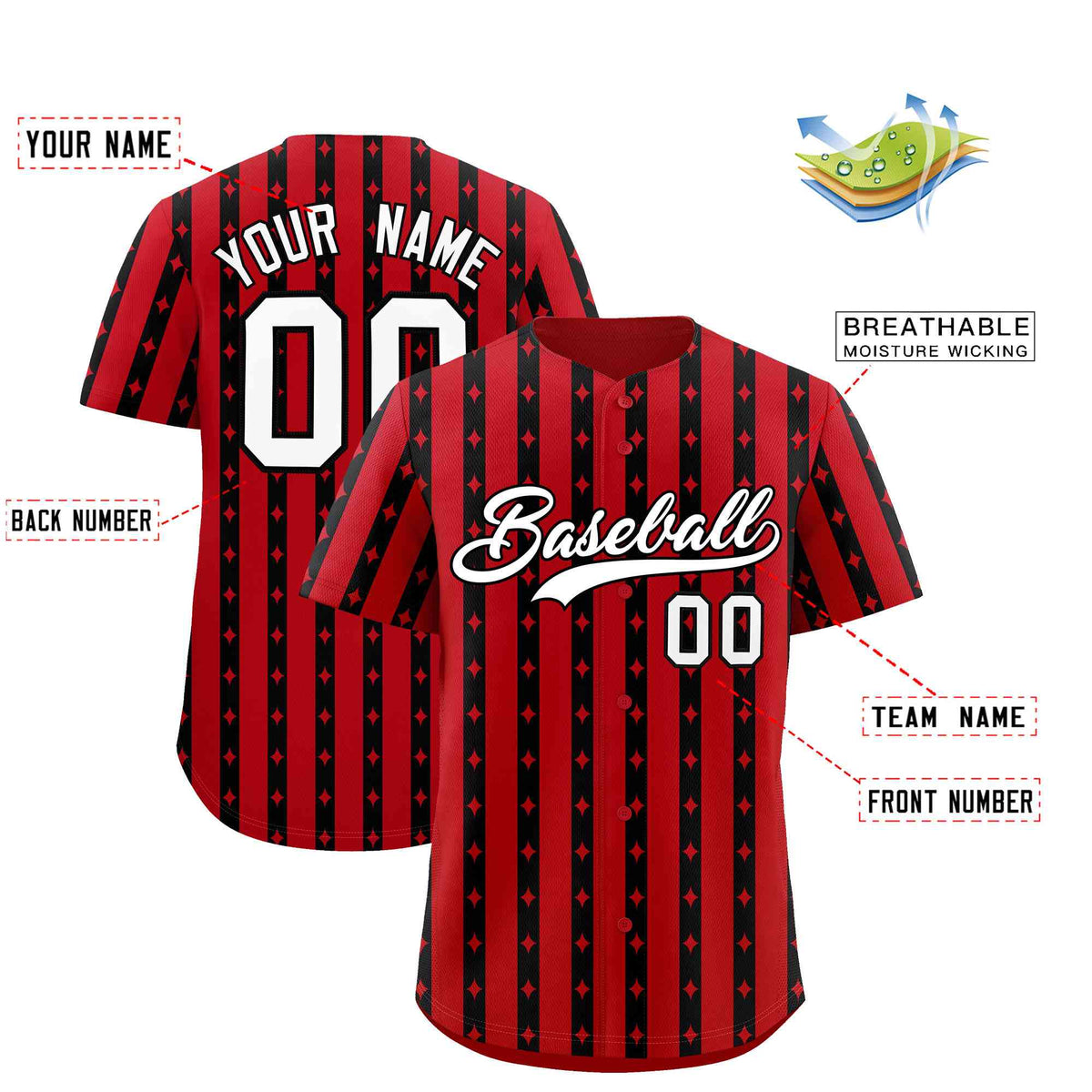 Custom Red Black Star Pattern Thick Stripes Baseball Jersey