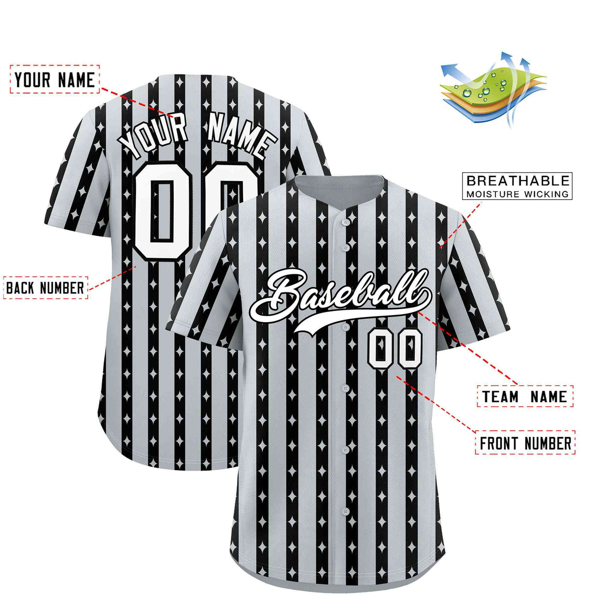 Custom Silver Black Star Pattern Thick Stripes Baseball Jersey