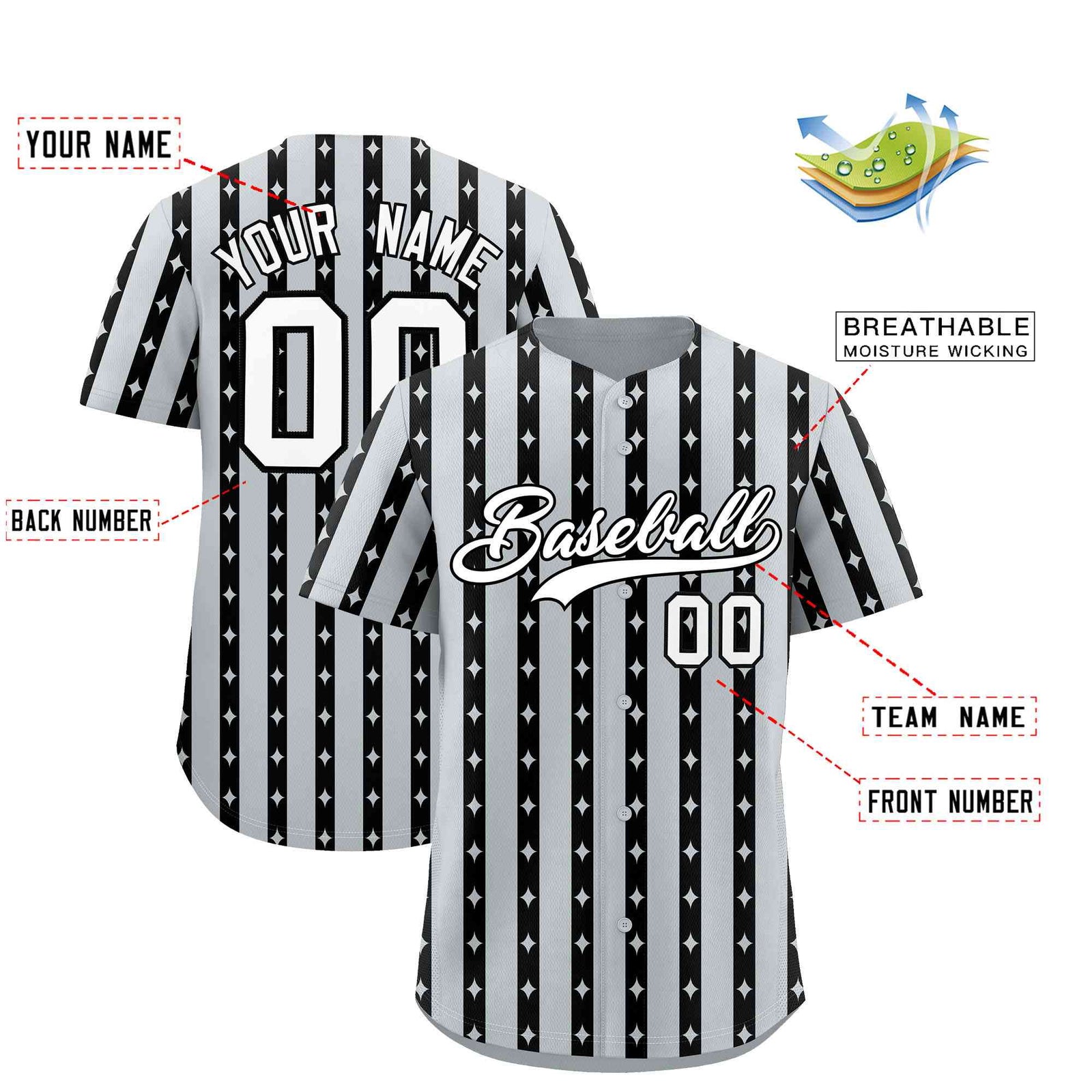 Custom Silver Black Star Pattern Thick Stripes Baseball Jersey