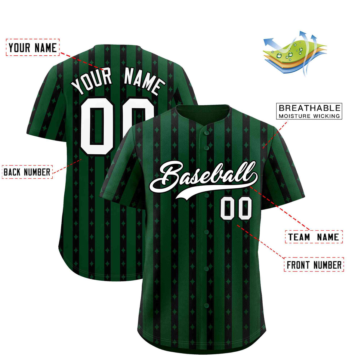 Custom Green Black Star Pattern Thick Stripes Baseball Jersey