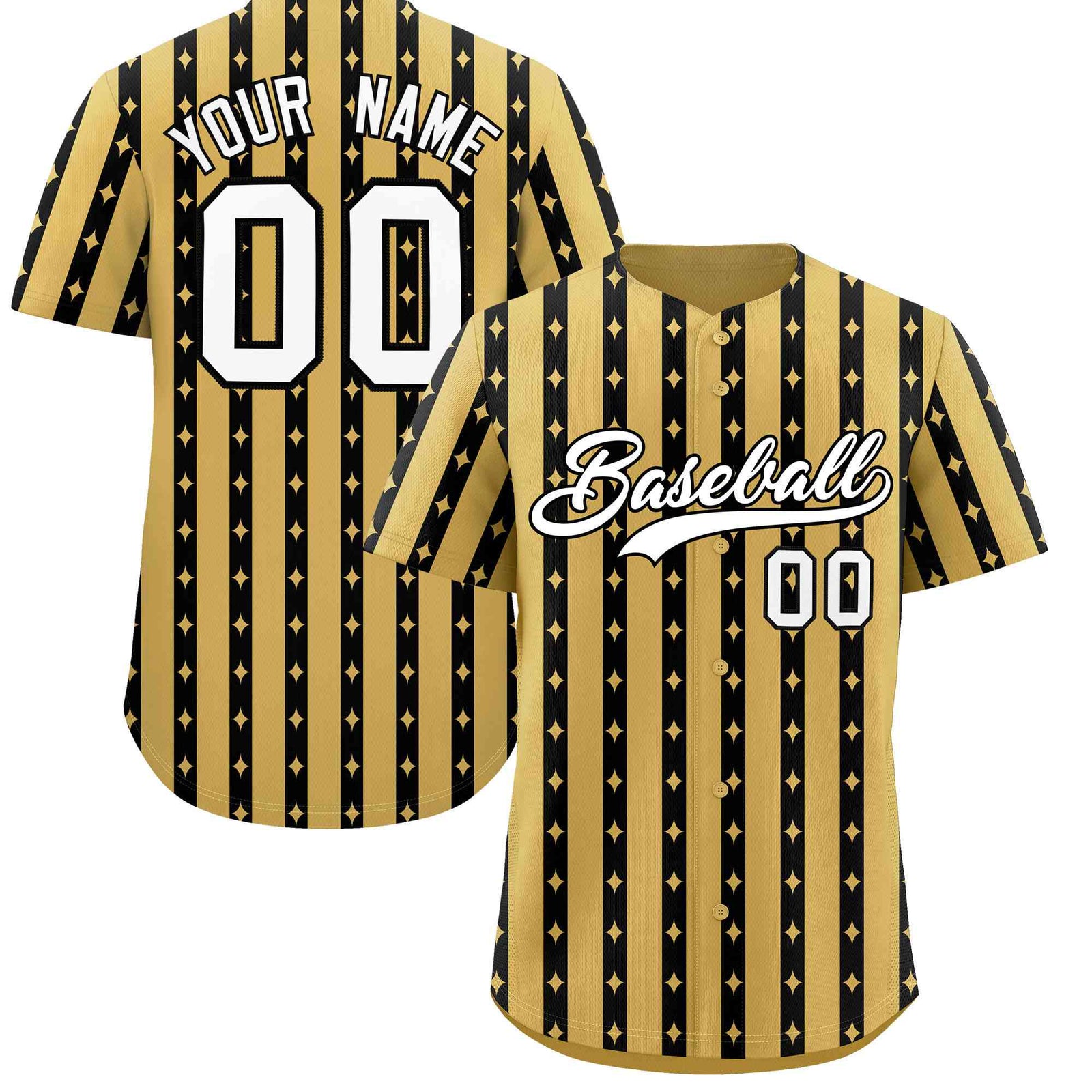 Custom Old Gold Black Star Pattern Thick Stripes Baseball Jersey