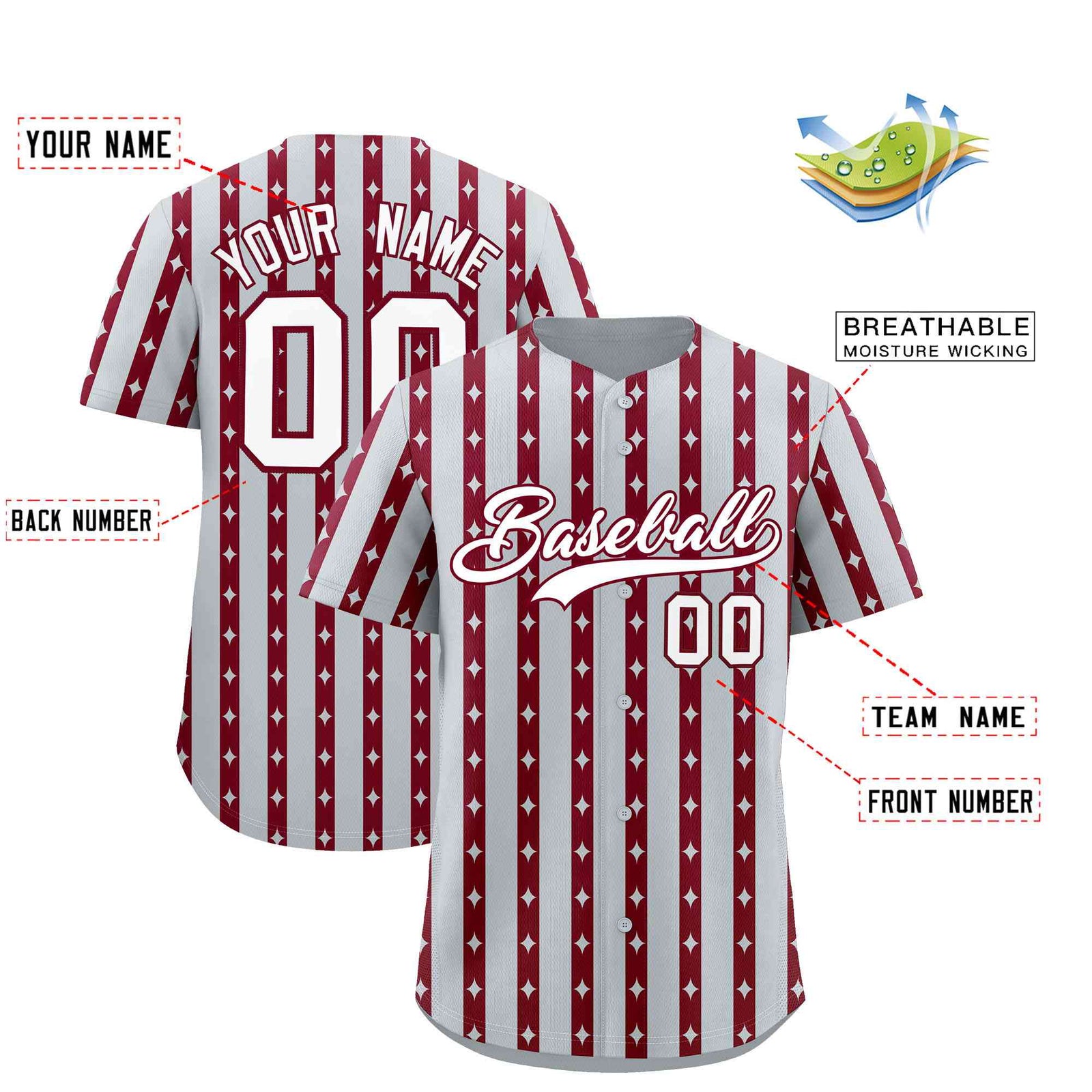 Custom Silver Crimson Star Pattern Thick Stripes Baseball Jersey