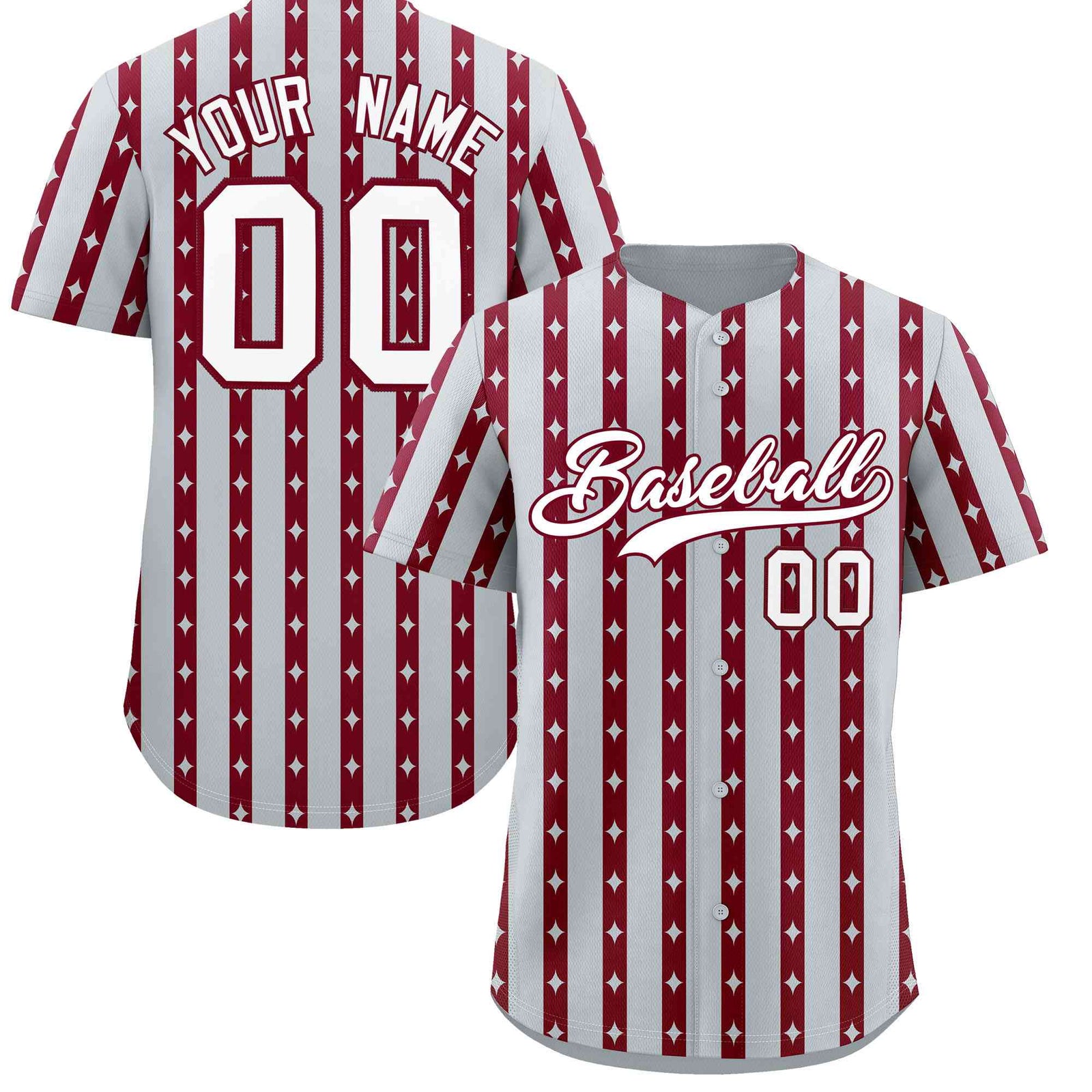 Custom Silver Crimson Star Pattern Thick Stripes Baseball Jersey