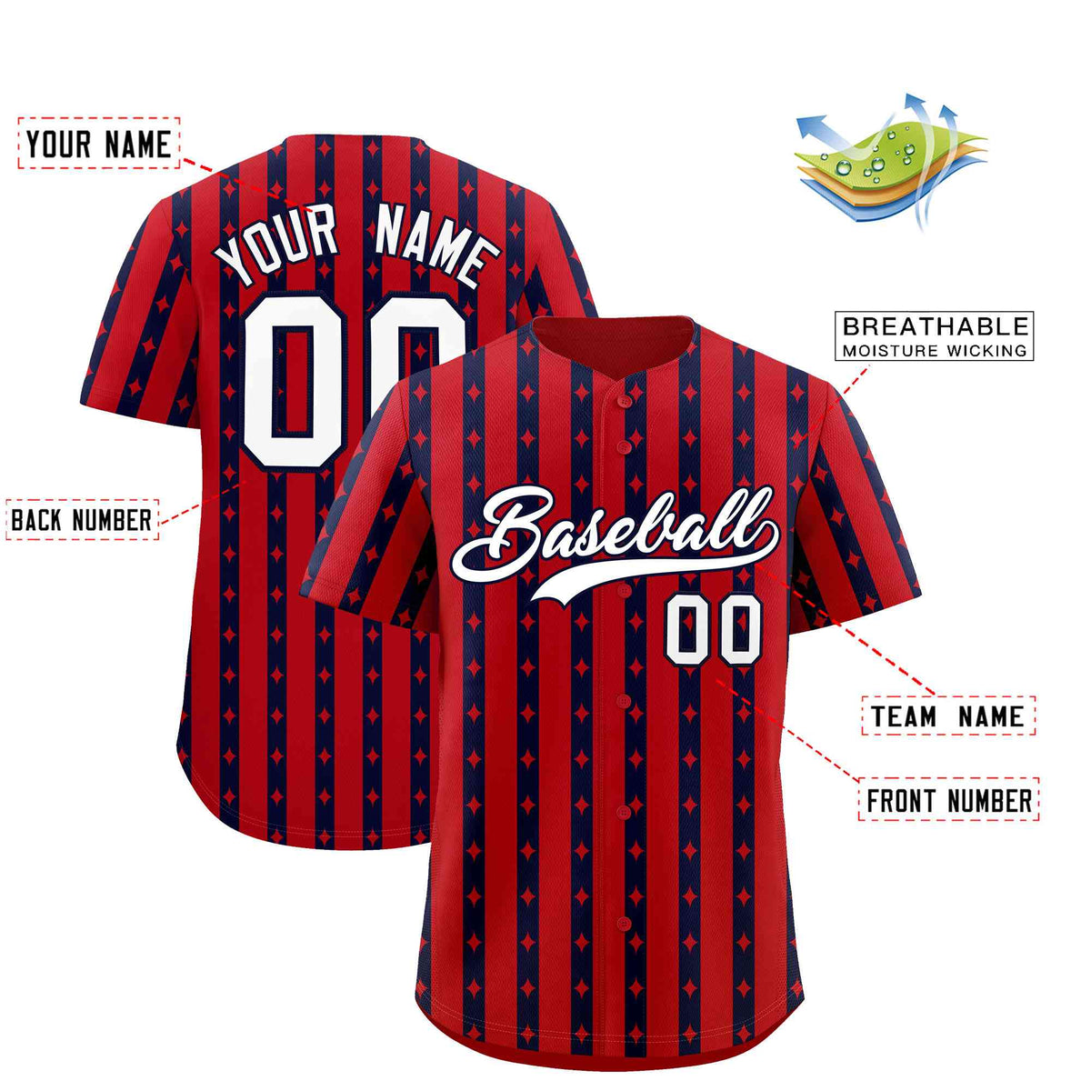 Custom Red Navy Star Pattern Thick Stripes Baseball Jersey