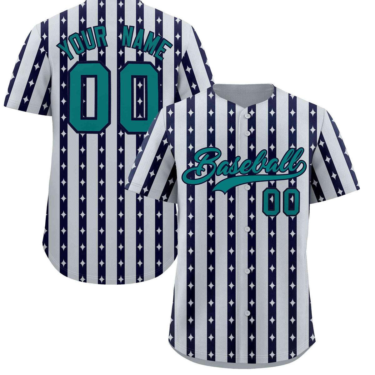 Custom Silver Navy Star Pattern Thick Stripes Baseball Jersey